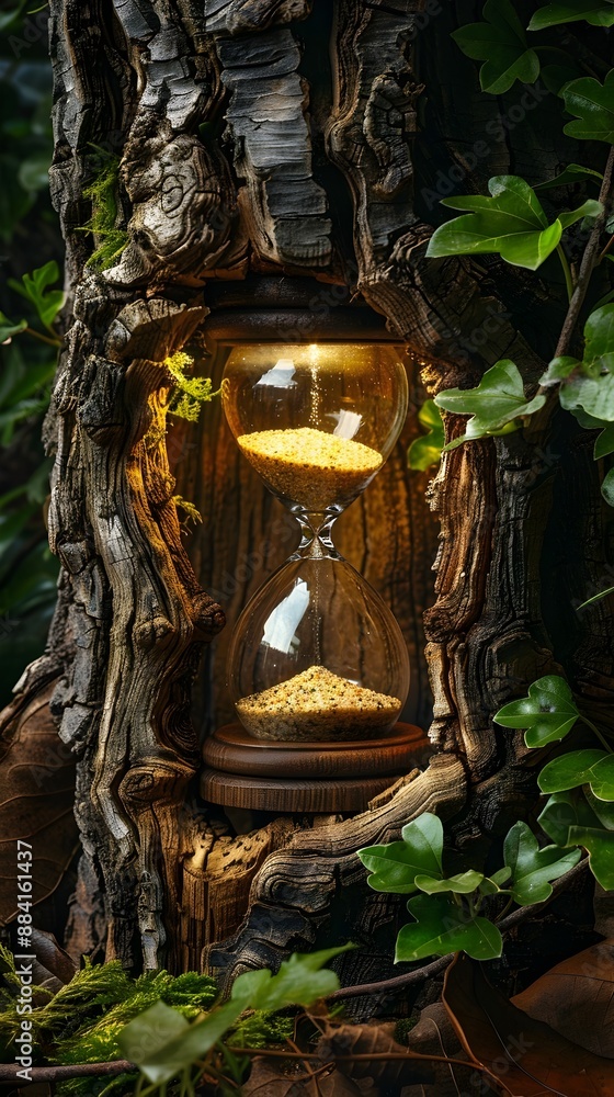 Poster mystical hourglass embedded in tree trunk in serene forest setting
