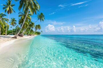 A serene beach with crystal-clear waters, palm trees, and a blue sky, perfect for a tropical getaway and relaxation.
