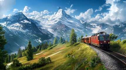 Fototapeta premium Scenic red train traveling through beautiful mountain landscape with snow-capped peaks and lush greenery under a clear blue sky.