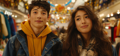 Obraz premium Multiracial Teenagers Couple Shopping at Modern Mall for Urban Lifestyle Concept, Perfect for Holiday and Retail Promotions. Generative ai