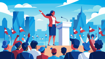 feminism Woman doing a speech outdoor in front of a crowd of members of a political party