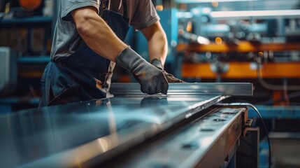 Worker Handling Sheet Metal in Factory. Worker's day, Labour Day.
