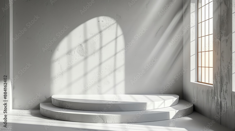 Poster minimalistic white interior with tiered steps, light streaming through tall windows creating a calmi