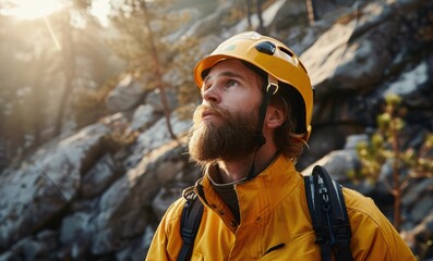 Bearded Hiker with Helmet in Mountain Landscape on National Work Day. Labor Day. Worker's day.
