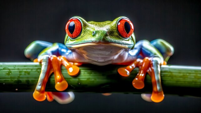 AI-generated illustration of a red-eyed tree frog with vibrant colors perched on a green stem - Powered by Adobe