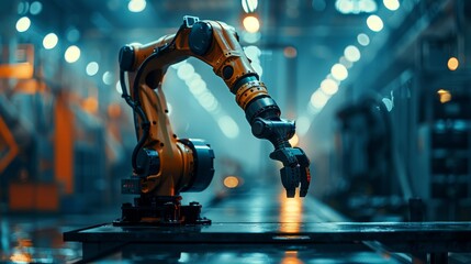 Close-up of a robotic arm in a factory setting, showcasing modern industrial automation technology and precision engineering.