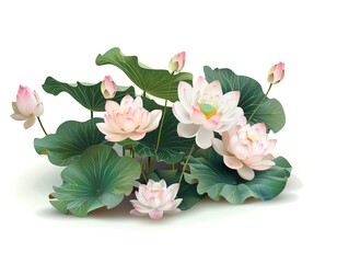A cluster of delicate pink lotus flowers with green leaves on a white background.