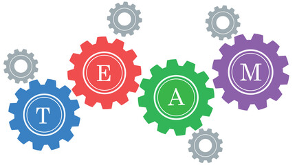 team work concept with multicolored gears, word lettering typography design illustration
