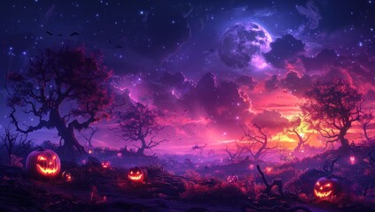 Halloween Night with Glowing Pumpkins and a Mystical Moon