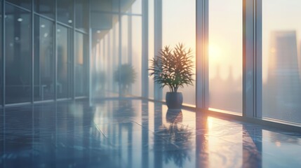 Sunlit modern office interior with large glass windows and a potted plant, displaying a serene and professional workplace environment at dusk.