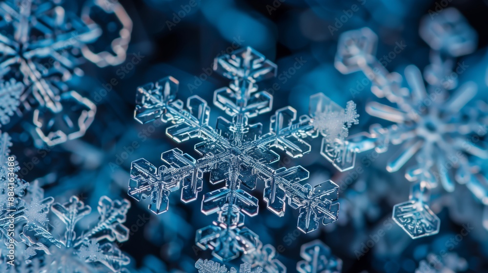 Poster snowflake patterns in ice and frost show intricate, unique designs, fascinating scientists and artis