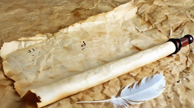 Ancient scroll and feather quill on old parchment