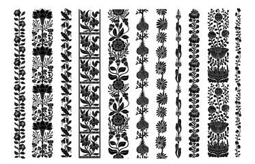 Vector set of seamless borders, black symmetry flower composition isolated on white background. Folk art style illustration
