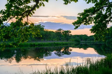 summer evening on the shore of the lake. Sunset with reflection in water