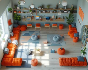 Create a high-quality photograph of a collaborative workspace with shared desks, laptops, and creative materials.