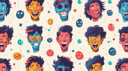 Seamless pattern of diverse cartoon characters with various facial expressions and emotions