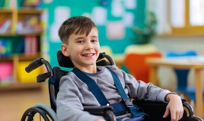 smiling boy in wheelchair at school, stock photo with space for copy text, high quality image capturing joy and inclusion in educational setting, ready for promotional use
