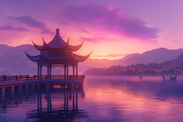 Naklejka premium Serenity at Dusk: A Majestic Traditional Chinese Pagoda Overlooking Tranquil Waters Against a Vibrant Sunset