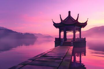 Fototapeta premium A Tranquil Morning at the Lake: Traditional Chinese Pagoda Overlooking Misty Waters Under a Vivid Sunrise Sky, Reflecting the Serenity and Beauty of an Eastern Landscape