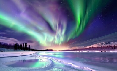 Stunning view of the Northern Lights over an icy lake, with vibrant green and purple lights dancing in the sky above snowy landscapes. 
