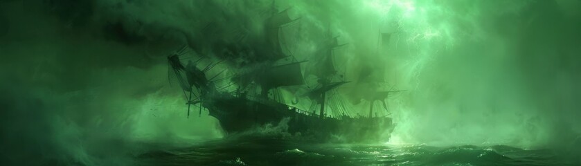 Eerie Ghost Ship Sailing Through Misty Waters with Abandoned Look and Green Glow.