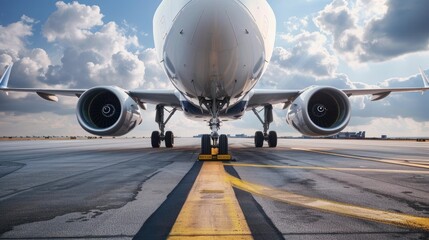 Airplane on the runway, ready for takeoff.