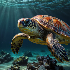 Fototapeta premium green sea turtle swimming, beach ocean 