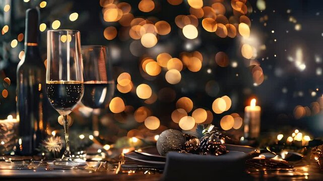 Festive holiday table setting with elegant decor, sparkling lights, wine, and candles
