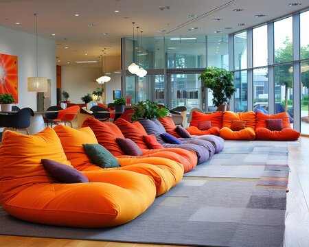 Create a high-quality photograph of a modern office lounge area, with employees relaxing on comfortable sofas and bean bags.