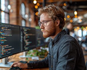Create a high-quality photograph of a tech startup office, with programmers working at multiple screens and whiteboards filled with code.