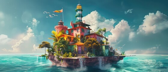 Obraz premium A Colorful, Cheerful and Exotic Floating Island with a Modern Manor and Stylized Lighthouse, a whimsical and fantastical visual