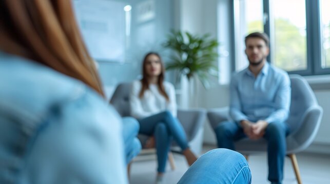 Group therapy session with participants sitting in a circle sharing their experiences Stock Photo with copy space