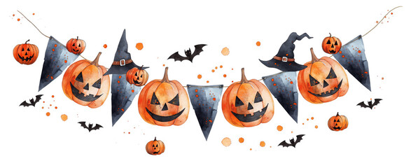 watercolor painting cartoon style illustration, Halloween flags banner clipart, Jack-o-lantern, pumpkin, bat, witch hat, color splash , PNG die cut isolated transparent background