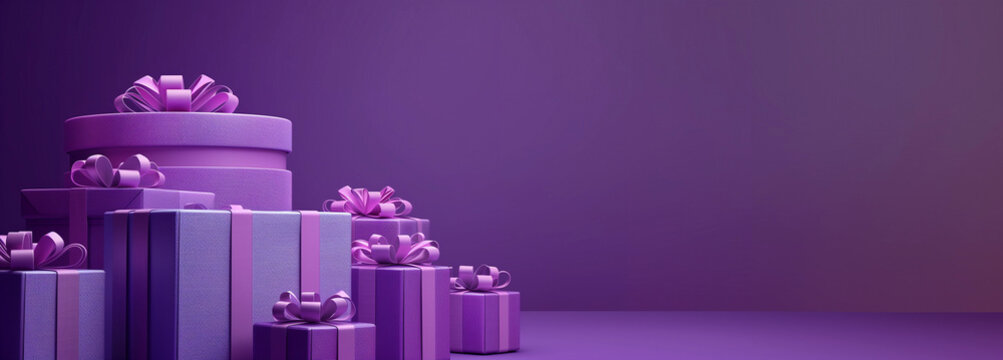 Stylish pile bold violet lavender gift wrapped boxes bows ribbon purple background plain empty copy space elegant packaging holidays birthdays celebrations chic template retail promo campaign banner