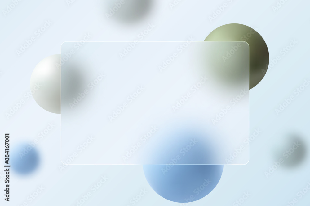 Aufkleber website landing page template. glass morphism style. frosted glass partition with floating spheres i