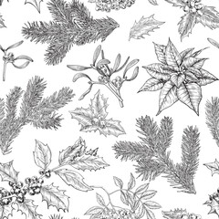 Vintage botanical seamless pattern with fir branches, holly, mistletoe, poinsettia. Hand drawn. Christmas vector background for design package, holiday decor, decoration new year