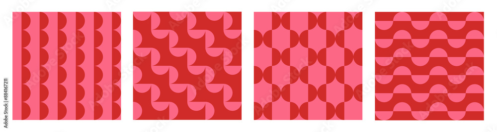 Poster Trendy retro set geometric seamless patterns with colorful semicircles. Modern abstract monochrome background. Red and pink colors. Vector illustration