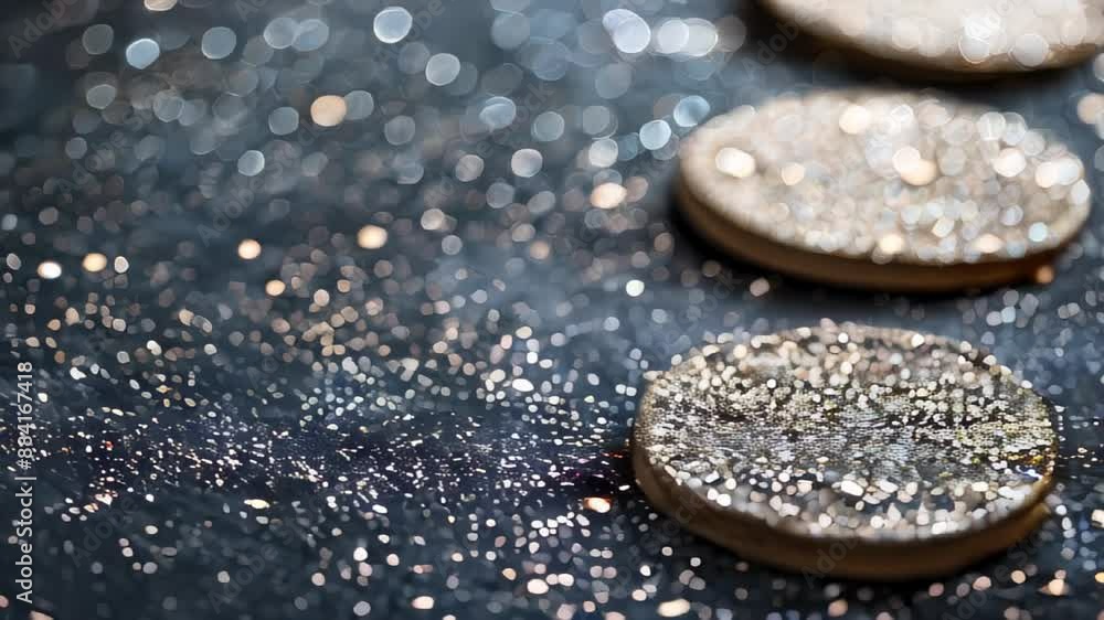 Poster glittering bokeh effect background with sparkling golden coasters in soft focus