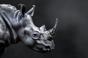 Fototapeta premium A monochrome portrait of a highly alerted rhinoceros. South Africa, Ceratotherium spp.
