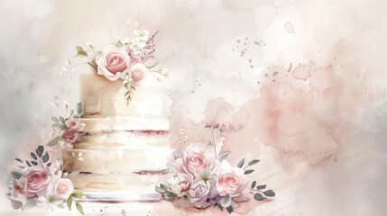 Wedding Cake with Flowers and Watercolor Background