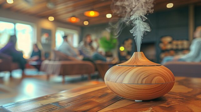 Woman enjoying aromatherapy with essential oils and a diffuser Stock Photo with copy space