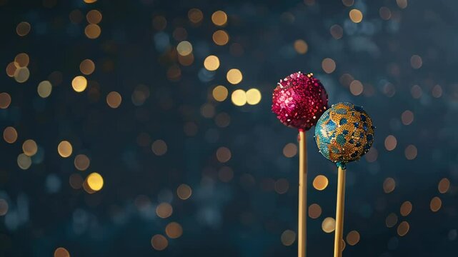 Two glittery cake pops on sticks with bokeh background