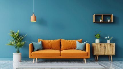 Teal Wall Living Room Interior with Orange Sofa.