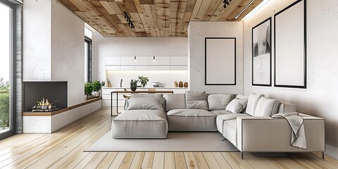 A modern living room with light gray sofa, white chairs and wood burning stove in wooden cabin interior design, white walls, black frames windows, Scandinavian architecture.