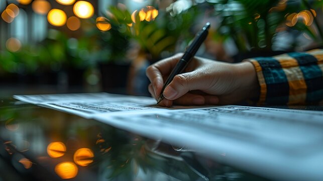 A person in a suit signing a contract with a pen on a wooden desk.