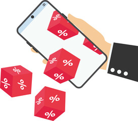 Cube block with percentage icons fall from a smartphone. Interest, financial and mortgage rates. Flat vector illustration.

