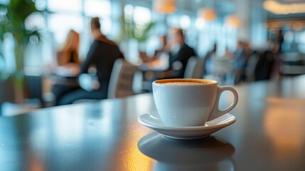 Blurred background of coffee shop with a cup of coffee in the foreground