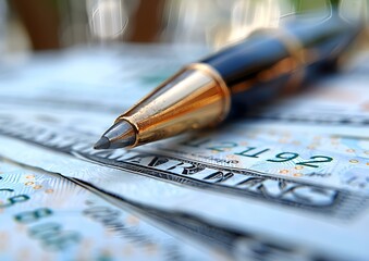  Image of a pen placed on a pile of US dollars.