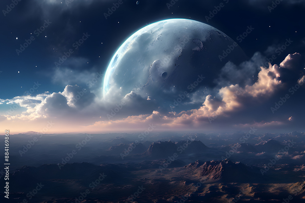 Wall mural A luminous moon hangs high, casting an ethereal glow on wispy clouds drifting across the night sky. Nature's celestial spectacle unfolds in breathtaking beauty.