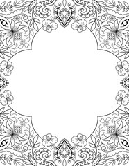 Floral ornamental frame template for invitation, banner, wedding design black outline on white background